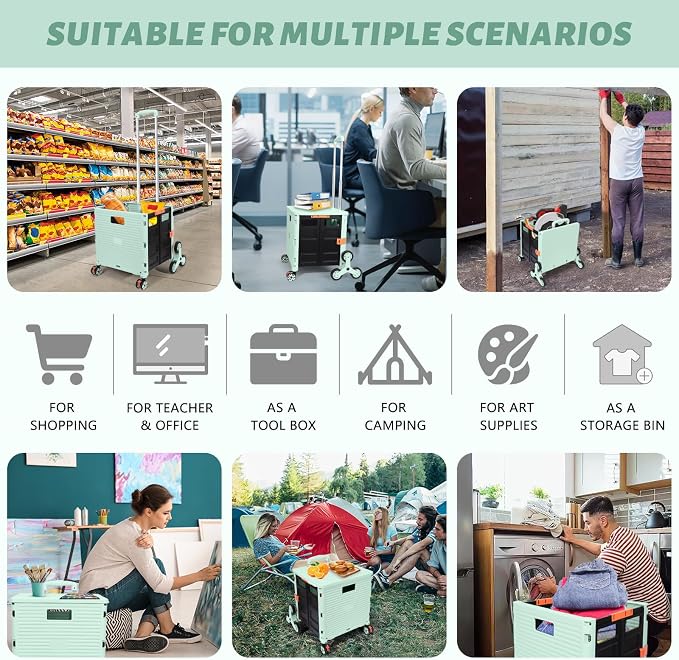 FELICON SELORSS Folding Utility Climber Cart Portable Rolling Crate-Green | Stair Climbing Wheels+360°Swivel Wheels,Telescoping Handle,Plastic Box Dolly for Travel Shop Move Laundry Office Teacher Use