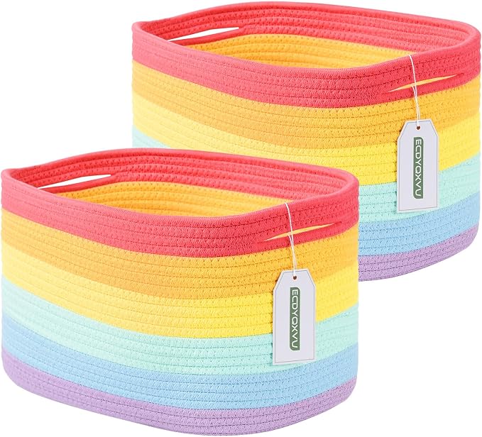 ECDYQXVU 15x10x9 Inch Woven Cotton Rope Storage Basket, 2 Pack | Foldable Design, Built-in Handles, Space-saving Organizer for Living Room, Bedroom, Laundry, Shelves, Clothes, Towels