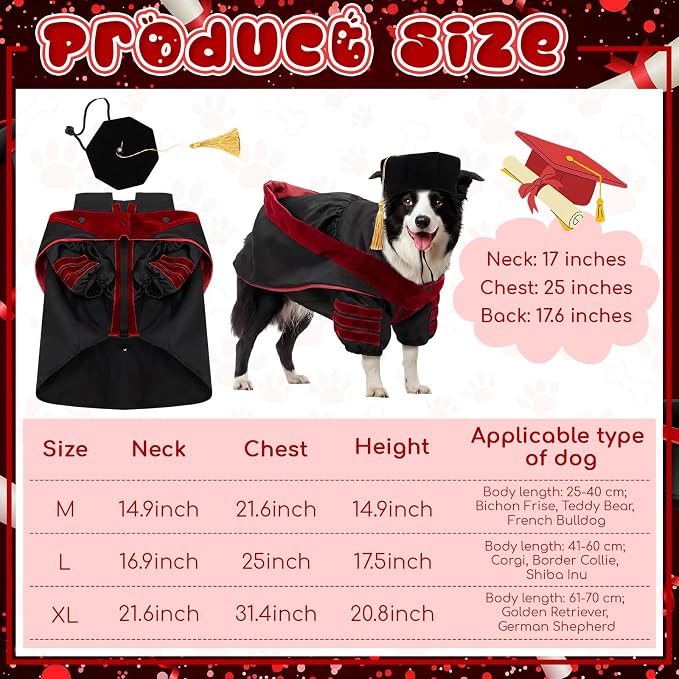 Huhumy 3 Pcs Dog Cat Graduation Doctoral Costume Set, 2026 Pet Phd Graduation Cap and Deluxe Doctoral Gown with Hood Side Tam Puppy Kitty Dogs Grad Holiday Party Costume Accessory(Red,L)