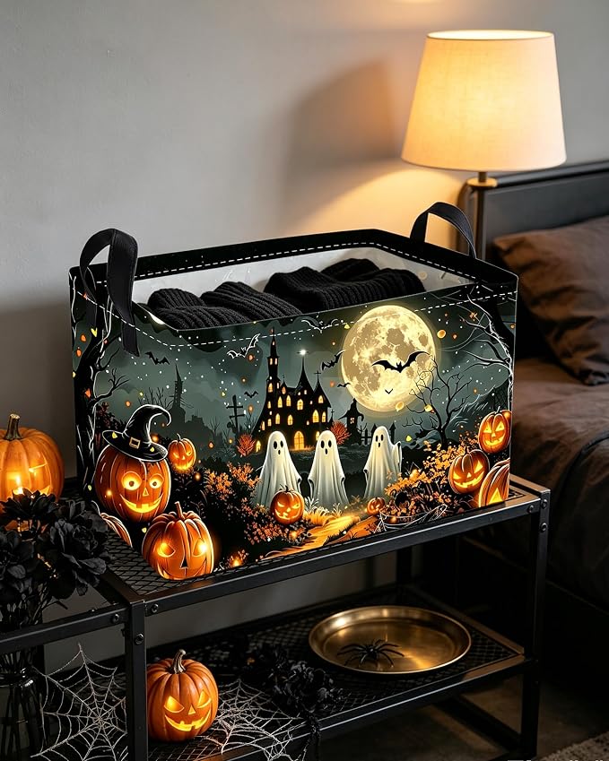 Essme Rectangular Halloween Basket,Kids Storage Bins Organizer with Handles for Ghost Room Decor, Gift Basket,Shelf Basket.(Dream Halloween)