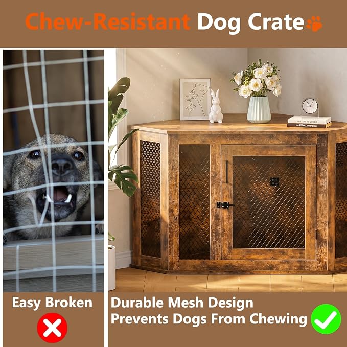 52" Corner Dog Crate Furniture, Wooden Dog Kennel Indoor | Corner Dog Kennel Furniture for Medium-Large Dogs, Brown Space-Saving Decorative Indoor Pet House with Mesh Door & Lock