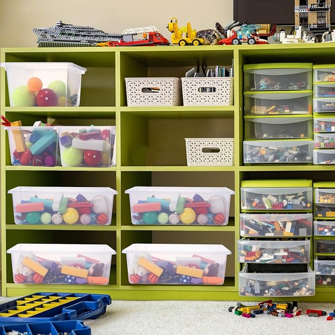 Zonon 12 Pcs Plastic Cubby Bins Office Storage Container Storage Bins Plastic Organization with 1 Pack Self Adhesive Label for Library Office Home Nursery(Clear)