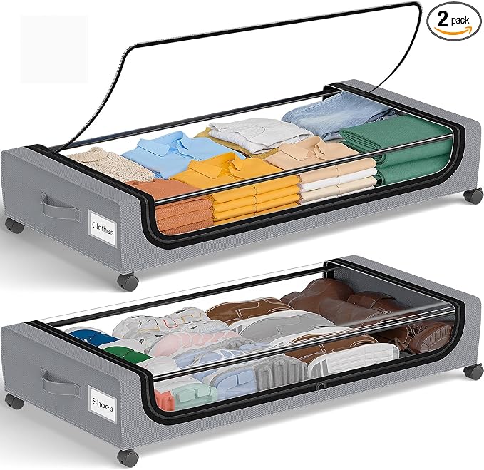 GoMaihe Under Bed Storage with Wheels 70L Grey 2-Pack | Rolling Bins for Shoes Clothes in Dorm Bedroom - Metal Drawers Easy Pull-out