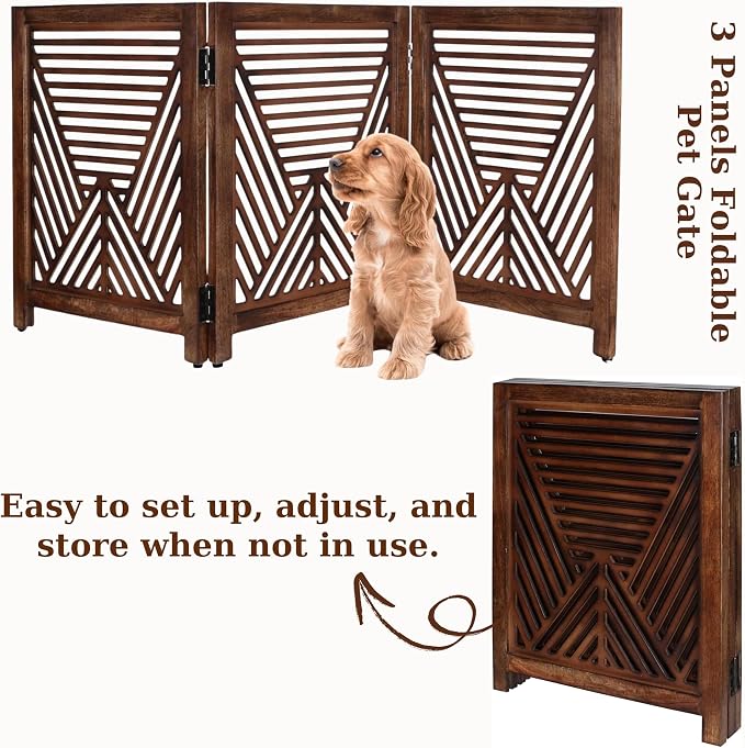 Lightnpro 3-Panel Wooden Dog Gate – Rustic Burnt Finish Foldable Freestanding Pet Barrier, Extra-Wide Indoor Safety Fence for Small Dogs & Puppies – 24x54 Inch