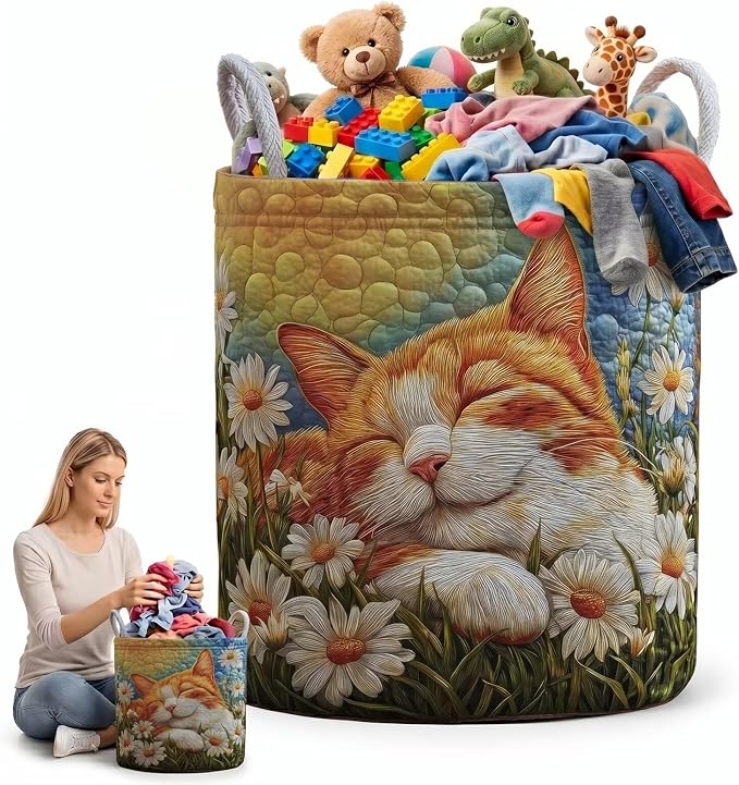 Sleeping Cat Laundry Basket Quilted Orange Tabby Clothes Hamper Daisy Flower Canvas Toy Storage Bin Cute Kitten Blanket Organizer(14"x 18")