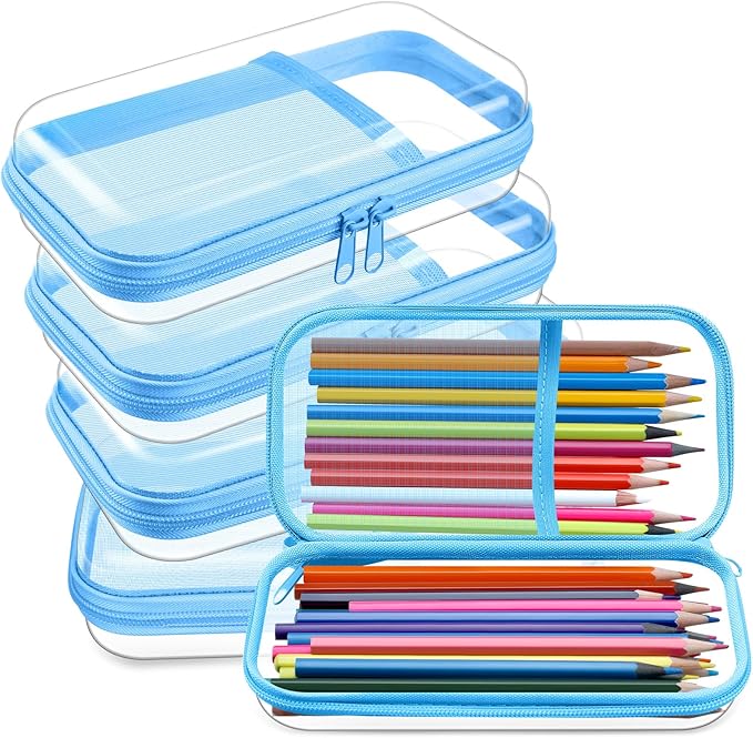 Sanwuta 4 Pcs Clear Hard Shell Zipper Case Clear Travel Pouches Bulk Plastic Portable Travel Organizer Bin with Mesh Pocket Toiletry Pouch Cosmetics Makeup Bag Snack Toiletry Bag(Blue)