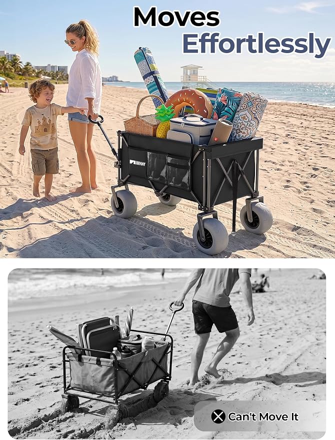 Heavy Duty Beach Wagon with 58" Expandable Tailgate, 300L, for Sand | 500 lbs Capacity, 9"x4" All-Terrain PU Wheels with Brakes, Quick Fold Utility Wagon for Camping, Sports & Grocery