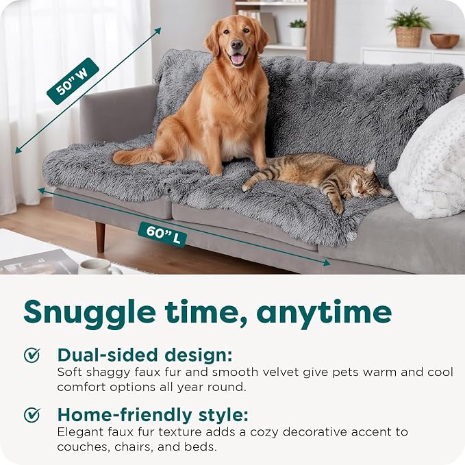Furhaven Waterproof Throw Blanket for Dogs & Indoor Cats, Reversible Protective Pet Blanket, Extra Large, Long Faux Fur & Velvet, Gray