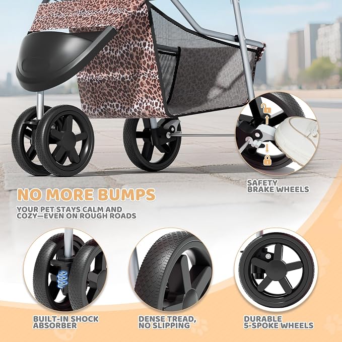 Magshion 3-Wheel Pet Stroller for Small/Medium Dogs & Cats, Up to 33lbs | Foldable Travel Jogger w/ Breathable Mesh Cover, Lightweight Design, Safety Tethers, Cup Holder & Storage Basket