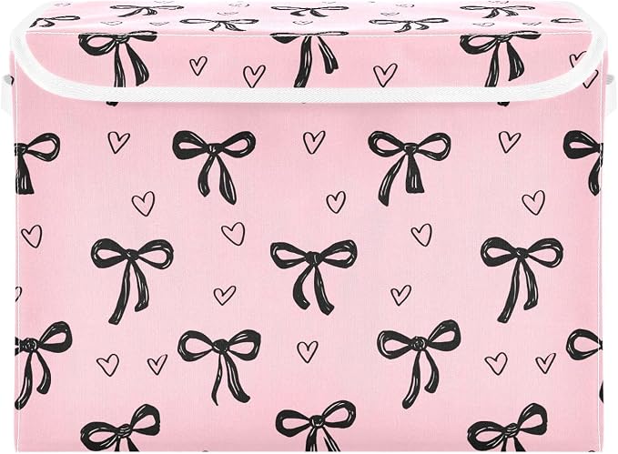 Bow Love Storage Bins with Lids Closet Bedroom 40L Fabric Bin | Decorative Storage Boxes, Foldable & Stackable, Dust-Proof Flip Top, Reinforced Handles, For Home & Dorm, Clothes & Toy Box