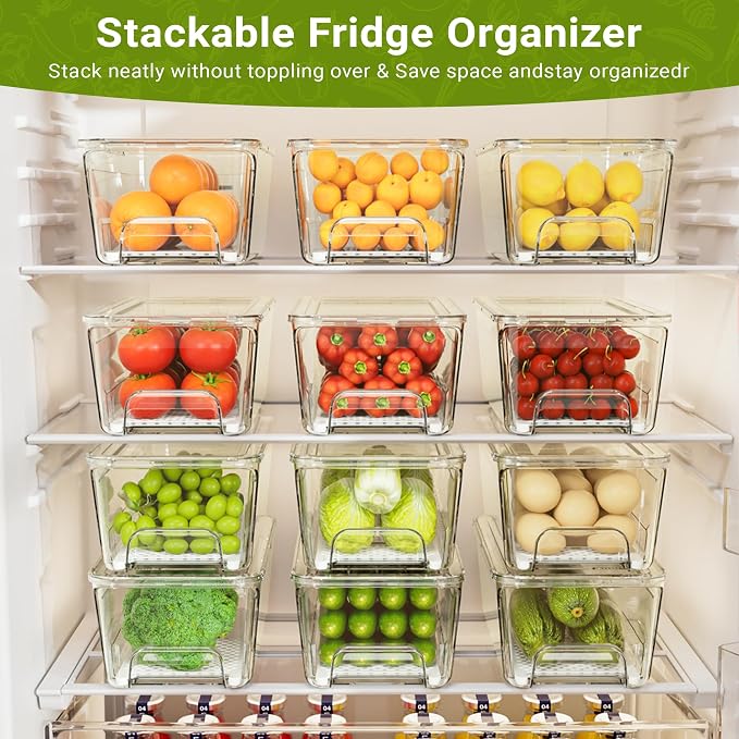 Imncya Fridge Organizer Bins, Clear Stackable Pull Out Fridge Drawer Organizer, Refrigerator Organizers and Storage Container for Fruits, Vegetables, Drinks, Food ( 2 Pack Clear)