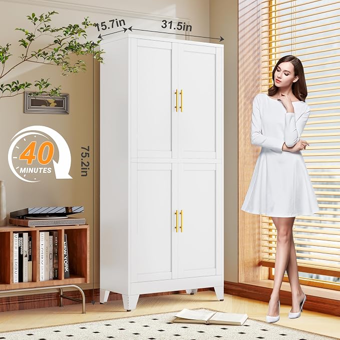GAIOUS 75.2" Tall Metal Pantry Cabinet,White Kitchen Pantry Storage Cabinet | with 4 Doors and 4 Adjustable Shelves, Steel Storage Cabinets, Freestanding Cupboard for Kitchen Dining Living Room Bathroom