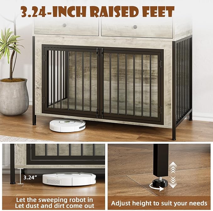 LEMBERI 44 Inch Large Dog Crate Furniture with 2 Storage Drawers | Indoor wooden kennel with decorative finish. Use as pet cage, dog house, or side table. Sturdy for large breeds