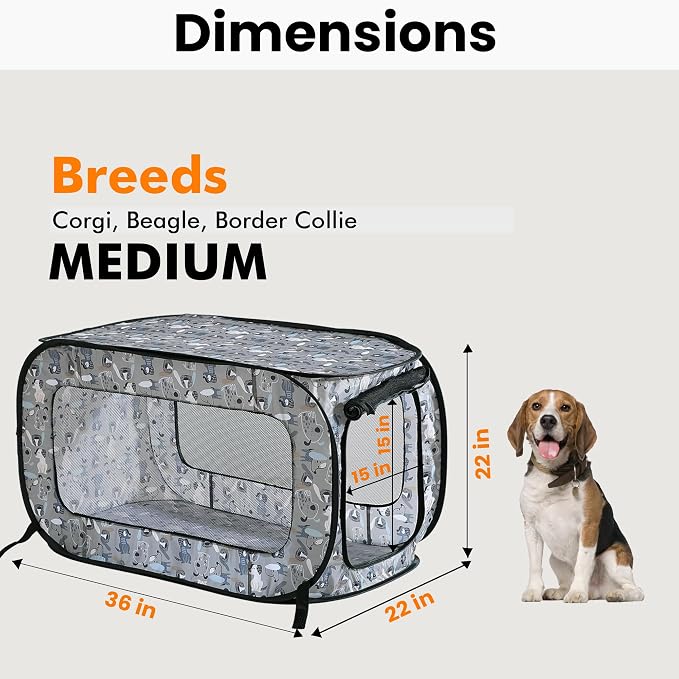 Portable Collapsible Pop Up Kennel, 36" L x 22" W x 22" H, Tail Waggers | Collapsible indoor/outdoor travel cat and dog crate with mesh screen windows pops up and folds flat for easy storage