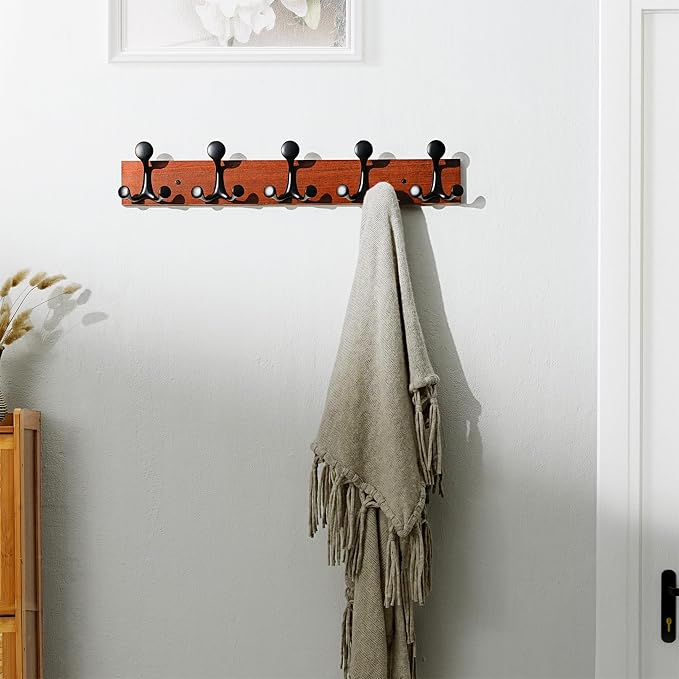 SKOLOO 24-Inch Cherry Wood Coat Rack Wall Mount with 5 Triple Hooks - Ideal for Family Entrances, Classrooms, and Pet Supplies Storage - Perfect Coat Hooks for Wall, Pack of 2