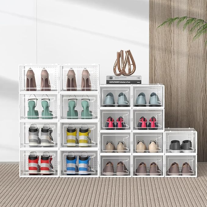 12 Pack X-Large Stackable Clear Plastic Shoe Storage Boxes Organizer, White | Easy to Assemble and Stack, Fit Size 10, Ventilated Dust-Proof, For Sneaker, Closet, Entryway, Under Bed, Replace Shoe Rack