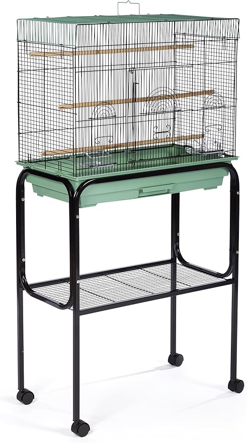Prevue Pet Products Bird Cage Stand with Shelf - Medium Metal Cage Stand with Rolling Wheels, Bird Stands for Inside, Mid‑Height Shelf for Cage Accessories, Toys, and Storage - Black