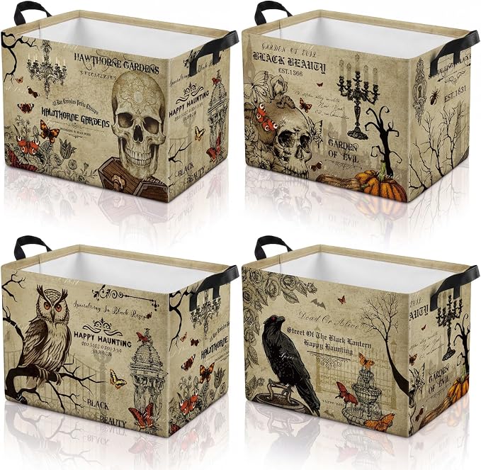 4 Pcs Vintage Halloween Storage Basket for Gifts Large Retro Gothic Themed Storage Bins with Handles 15 x 10 x 8 Fabric Laundry Baskets Halloween Collapsible Organizer Boxes for Home Cloth Toy