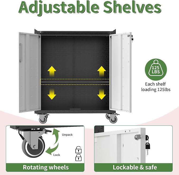 Garage Tool Storage Cabinet with Wheels & 2 Lockable Doors,Gray | Heavy Duty Steel Rolling Chests & Cabinets,Mobile Storage Cabinet for Basement,Workshop,Assembly Required