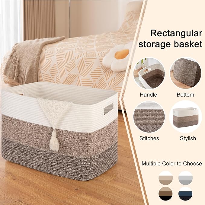 OIAHOMY 108L Extra Large Blanket Basket Dog Toy Basket radient Dark Brown | Rectangle Woven Baskets for Storage Cotton Rope Basket For Living Room Toy Storage Blanket Storage Laundry Basket