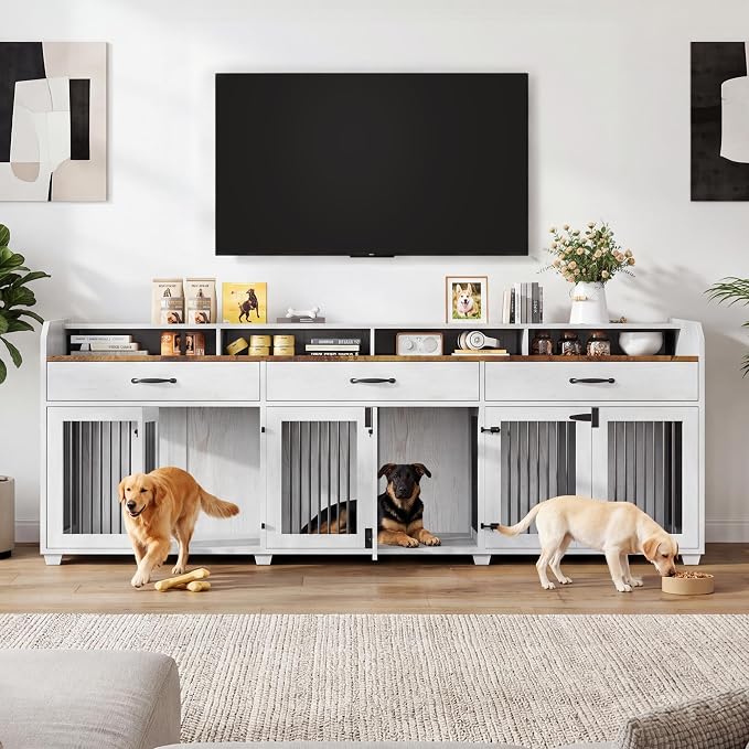LUXOAK 95" Large Dog Crate Furniture with Storage 3-Room Indoor Dog Kennel | Dog Cage for Large/Medium Dogs, TV Stand & Sideboard with Drawers & Removable Divider, White+Barnwood
