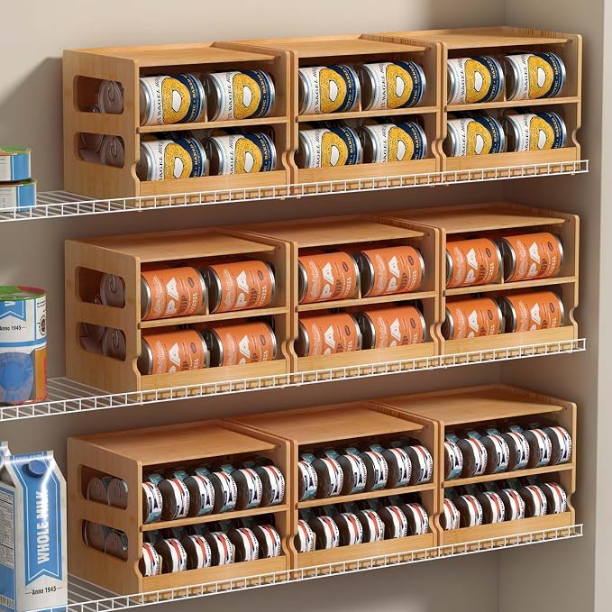 Stackable Bamboo Cat Food Can Organizer, Cat Canned Food Organizer Storage | 2-Tier Adjustable Stacking Can Dispensers, First-In & First-Out System, Holds Up to 36 Cans - for Pantry, Cabinet, Countertop