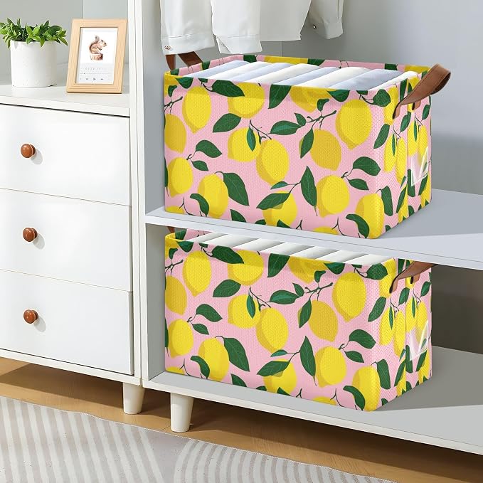 Light Pink Bg Yellow Lemon Storage Basket Foldable Cube Storage Bins with Handles&Label Waterproof Collapsible Organizer Box Bin Large Rectangle Decorative Baskets for Shelves Home Room Laundry-2 PC