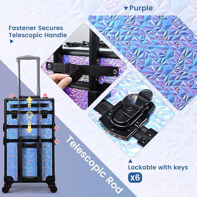 3 in 1 Rolling Makeup Train Case Professional Cosmetic Trolley Large Storage with Keys Swivel Wheels Salon Barber Case Traveling Cart Trunk for Make Up Hairstylists Nail Tech, Shiny Purple