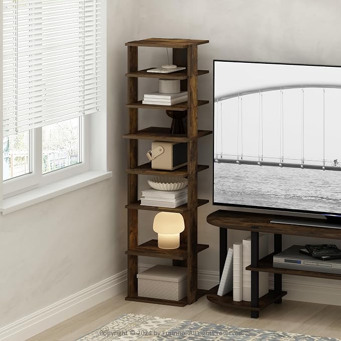 Furinno Turn-N-Tube Corner Shelf, 8-Tier Display Rack, Vertical Corner Storage Rack, Space Saving Organization and Storage, Entryway, Living Room, Closet, Amber Pine