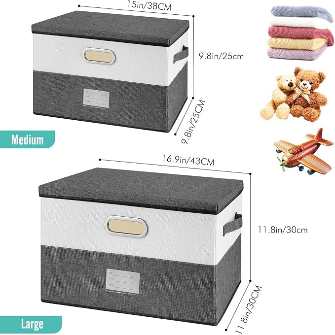 Large Linen Fabric Foldable Storage Bins with Removable Lid and Handles, Washable Storage Box Organizer Containers Baskets Cube with Cover for Bedroom,Office(Green&Cream, Large(2-Pack))