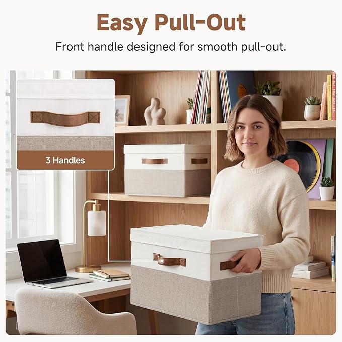 StorageWorks Fabric Storage Bins with Lids, Closet Storage Bins | Flip-Top Lid, 3 Handles, Collapsible, Stackable, for Clothes Blankets, Multi-Purpose, Large, Brown and White, 2-Pack