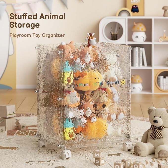 Stuffed Animal Storage Rolling Toy Organizer Bin, Large, Glacier | With Wheels, Clear Shatterproof Cart, Slim Tall Design, For Kids Playroom Nursery Bedroom, Fits Plush Toys Sports Gear
