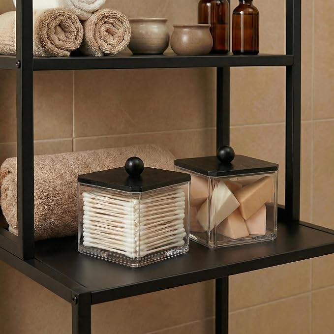 SheeChung 1 Pack Square Acrylic Qtip Holder with Black Wood Lid | Qtip Holder for Bathroom - Clear Apothecary Jar for Cotton Balls, Pads, Flossers, Farmhouse Bathroom Vanity Organizer