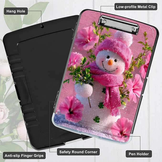 A4 Clipboard with Storage Pen Holder, Clipboards Organizer Nursing Clipboard Foldable File Folder Plastic Clipboard Folio Clip Board for Office Work Classroom Doctor, Pink Flower Snowman