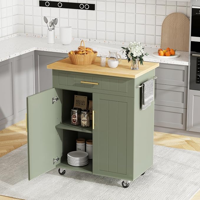 JY QAQA 26" Kitchen Island on Wheels with Storage Cabinet Kitchen Cart Cabinet with Shelves, Cart Handle for Towel Rack or Free Mobility, Portable Islands for Kitchen,Green