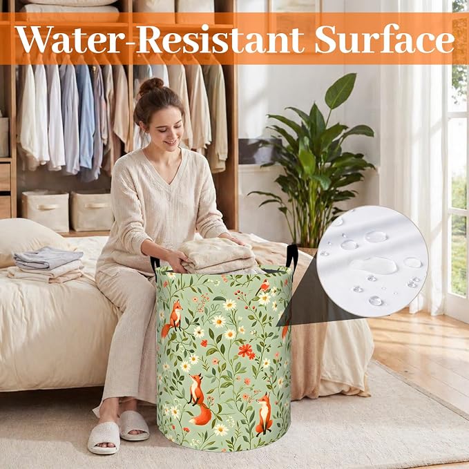 Cute Fox Laundry Basket, Woodland Animal and Wildflowers Oxford Cloth Dirty Clothes Collapsible Hamper for Room Decor, Nature Gifts, Toy Organizer 19.7 x 15.7 Inches for Bedroom Bathroom Dorm