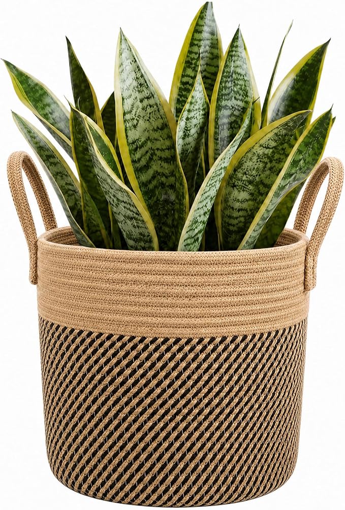 Woven Plant Basket with Handles, 11"x11" Round Rope Wicker Basket for 8-10" Plant Pots, Boho Decor Storage Organizer for Blankets, Toys, Towels, Rustic Storage Bin for Home, Black Stripes