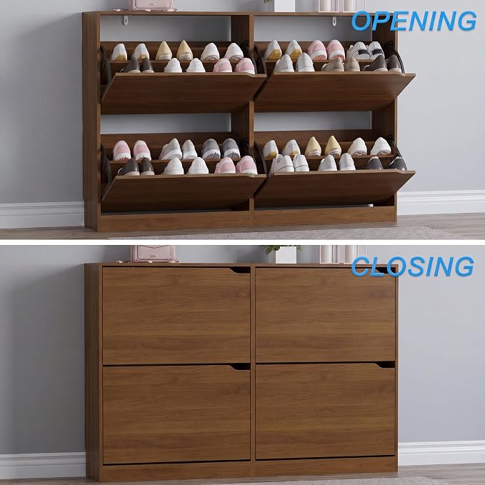 BORNOON Shoe Cabinet with 4 Flip Drawers, Narrow Hidden Shoe Storage Cabinet, Slim Freestanding Shoe Rack Organizer for Entryway, Hallway, Bedroom, Living Room