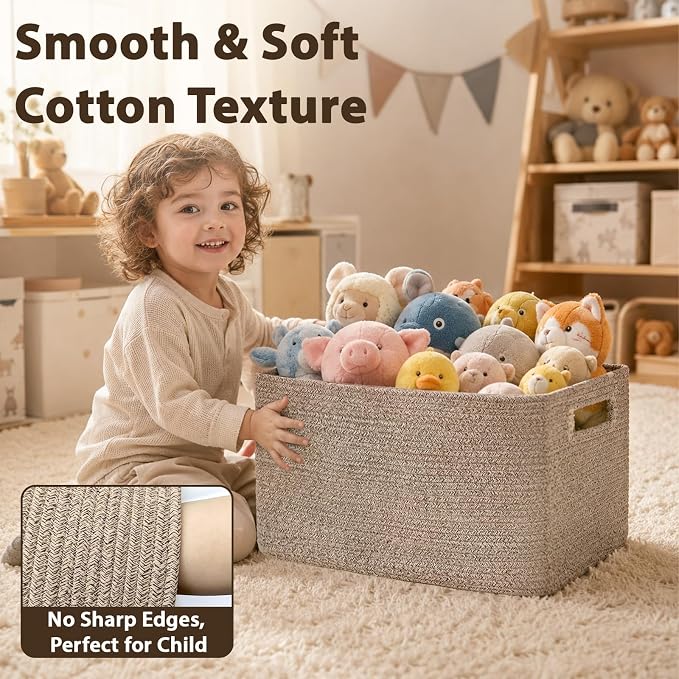 Optish 95L Large Woven Blanket Basket, Cotton Rope Laundry Basket, Brown | Sturdy Cotton Rope Basket Organizer Blanket, a lot of Toys, Comforter, Pillows, Bedroom, Living Room, Bathroom, Easy to Carry