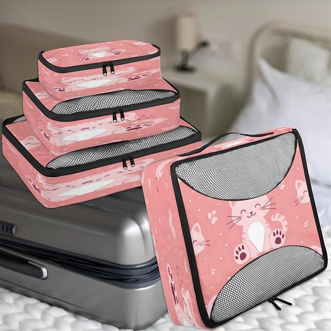 Packing Cubes for Travel, Cute Cat Travel Luggage Packing Organizers for Women Men, Large Custom Toiletries Bag for Cosmetics Toiletries, Cute Cats