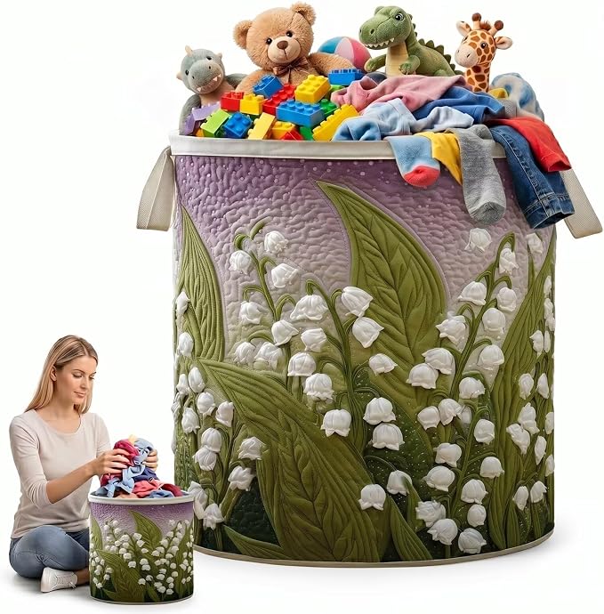 Quilted Laundry Basket with Handles, Boho Floral Fabric Storage Hamper, Large Soft Storage Hamper for Bedroom, Laundry Room, Clothes(20" x 28")