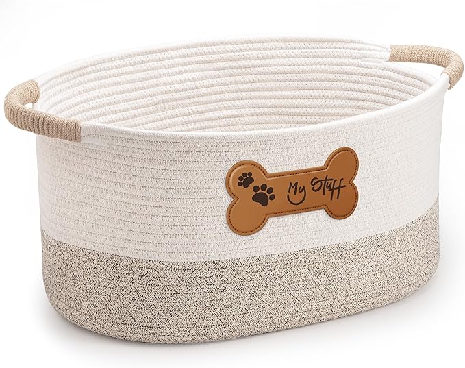 Dog Toy Basket|Cotton Rope Dog Toy Bin With Handle, 17.5"L×11.8"W×8"T