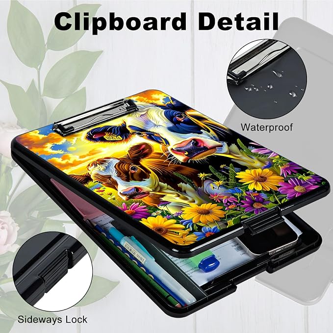 Purple Flower Cow A4 Clipboard with Storage Pen Holder, Clipboards Organizer Nursing Clipboard Foldable File Folder Plastic Clipboard Folio Clip Board for Office Students Classroom Doctor