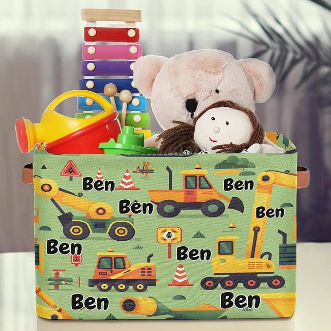 Personalized Name Storage Basket Handles for Boys, Canvas Storage Bins Toys Clothes Organizer for Bedroom, Kitchen, Bathroom, Nursery, Shelves, Closets, Cartoon Excavator Construction Vehicle