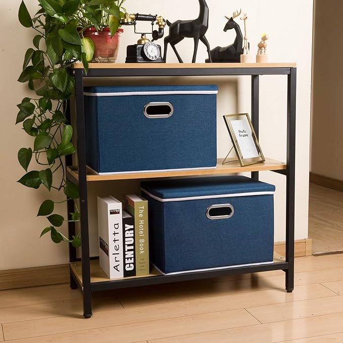Large Collapsible Storage Bins with Lids [3-Pack] Fabric Foldable Storage Boxes Organizer Containers Baskets Cube with Cover for Home Bedroom Closet Office Royal Blue(17.7x11.8x11.8)