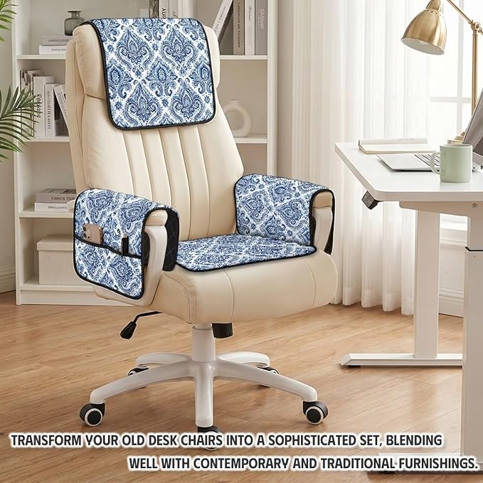 4 PCS Damask Recliner Chair Covers Blue Floral | Quilted Recliner Covers Washable Scratch Proof Retro Furniture Slipcovers Non Slip for Armchair Recliners Decor, Washable