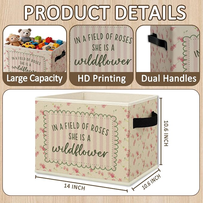 Wildflower Nursery Cube Storage Bins with Handles, in a Field of Roses She Is a Wildflower Girls Collapsible Fabric Storage Basket Boxes Books Clothes Organizer for Girls Bedroom Bathroom