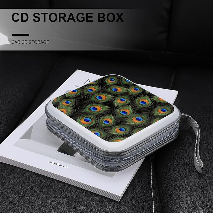 Hard Plastic Protective CD Case Peacock Feathers, 40-Disc Capacity Storage Binder with Zipper, Portable Organizer for Home Office