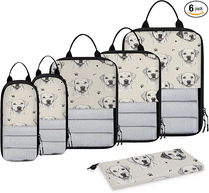 Puppy Dogs 6 Set Compression Packing Cubes | Paw Print Travel Accessories Expandable Packing Organizers Space Saver Bags for Organizing Clothes