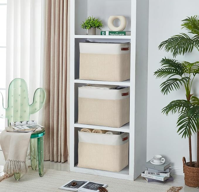 DECOMOMO Extra Large Storage Baskets, 54.5L Fabric Storage Bins 3 Pack | XXXL Storage Baskets for Shelves, Linen Closet Organizers (Beige & White, 17" x 13" x 15")